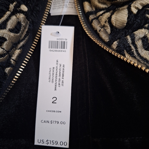 NWT Chico’s Size 2 Black Velvet to Gold Jacquard REVERSIBLE Quilted Vest( LG/12) - Picture 11 of 11